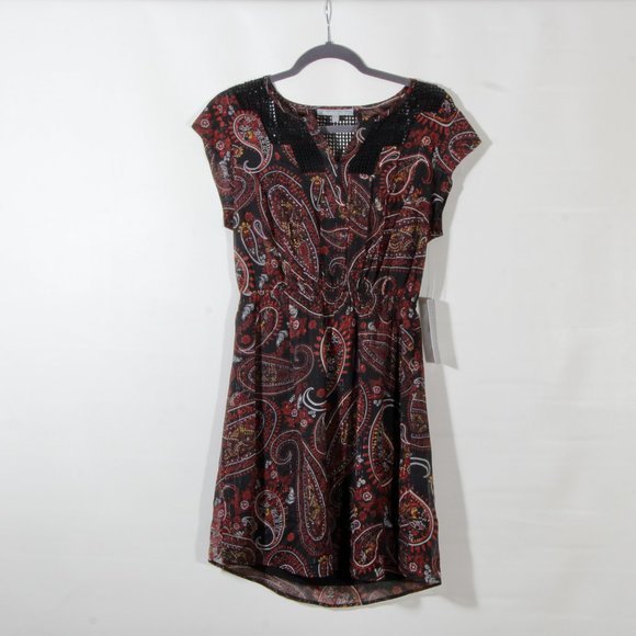 Daniel Rainn Women's Black Maroon Paisley Vika Crochet Detail Mini Dress NWT - Picture 2 of 9